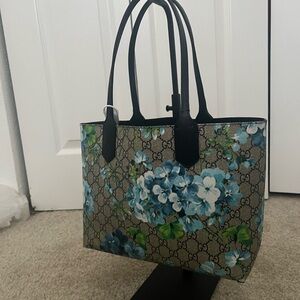 Gucci GG Supreme Tote with Blue Floral Print and Black Trim